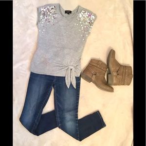 Gray sparkly tied at the bottom shirt!